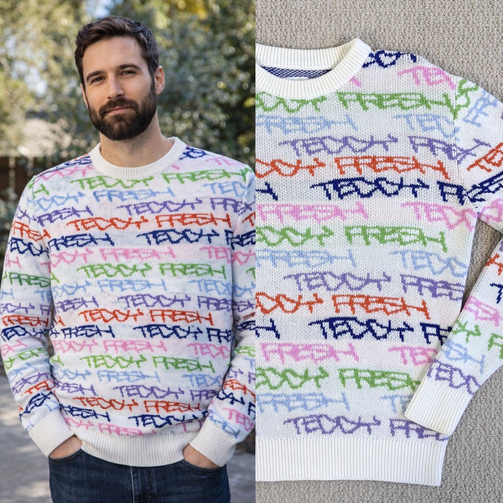 Teddy‎ Fresh Graffiti Logo Sweater White Multi Mens Medium knit Streetwear